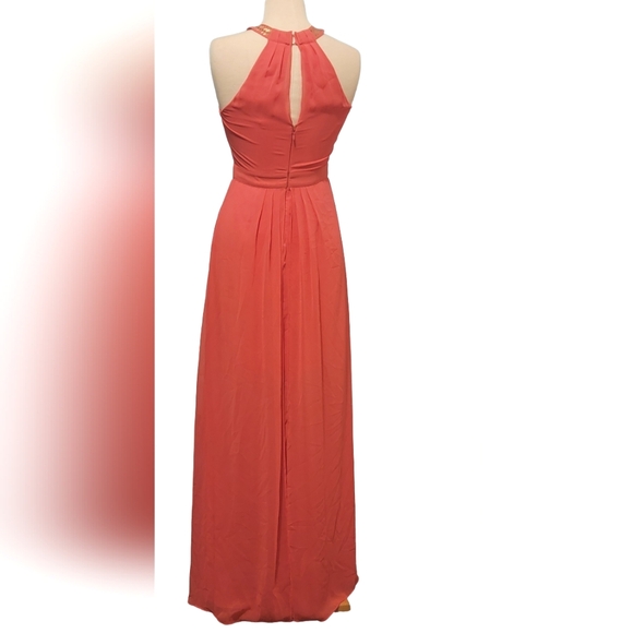 Calvin Klein Sheer Halter Coral Gold Accent Back Keyhole Zipper Maxi Dress - Picture 4 of 7